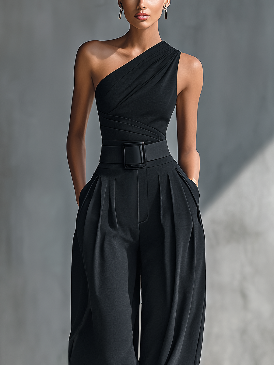 Morena™ | One-Shoulder Belted Wide-Leg Jumpsuit