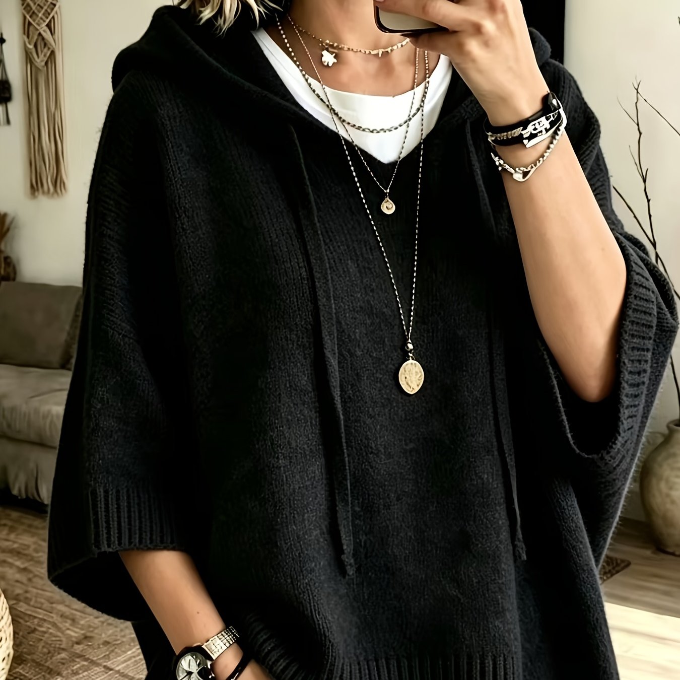 Vynora™ | Casual Drawstring Hooded Poncho Sweater
