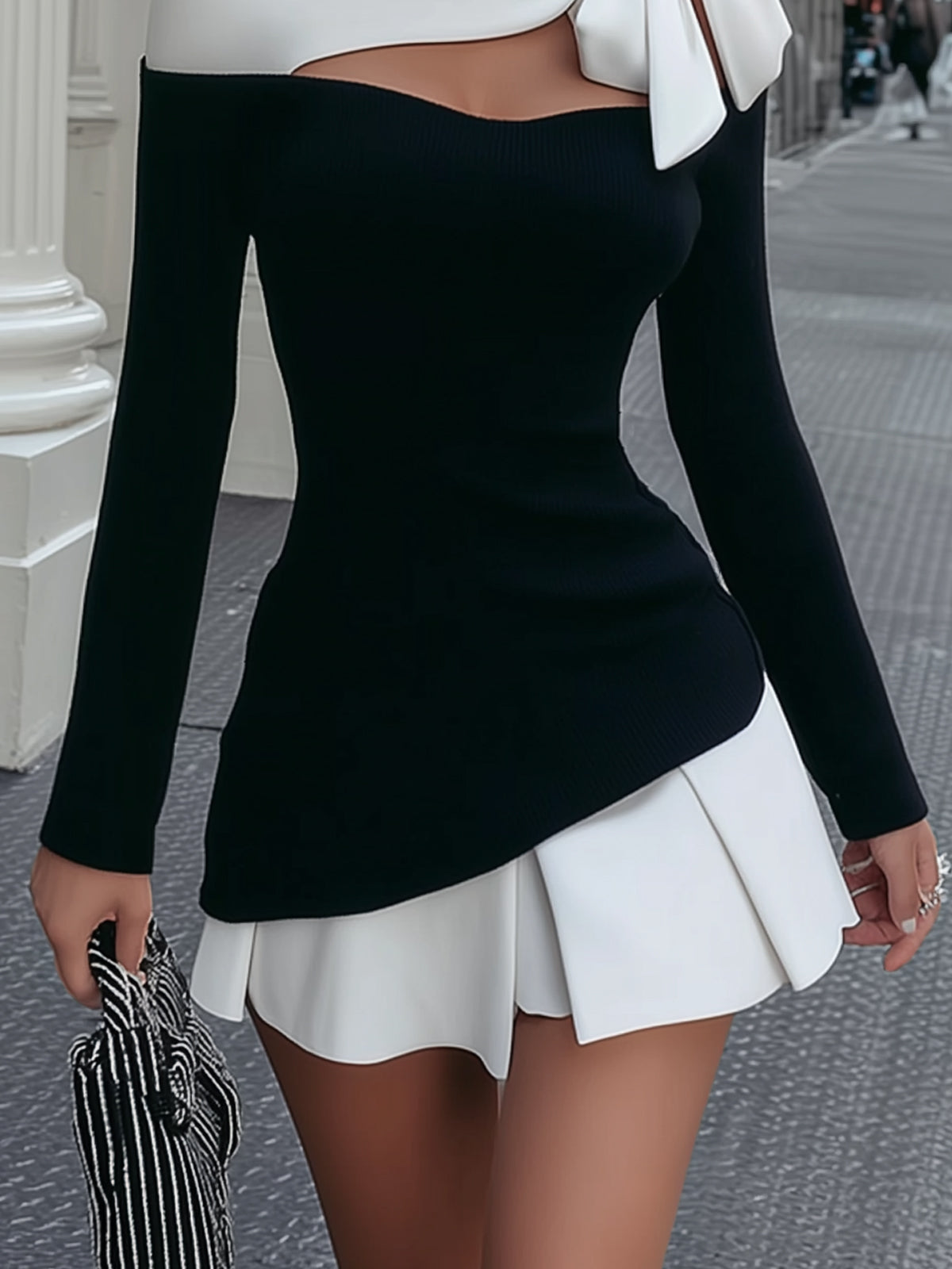 Evanthelle™ | Black & White Bow-Shoulder Mini Dress