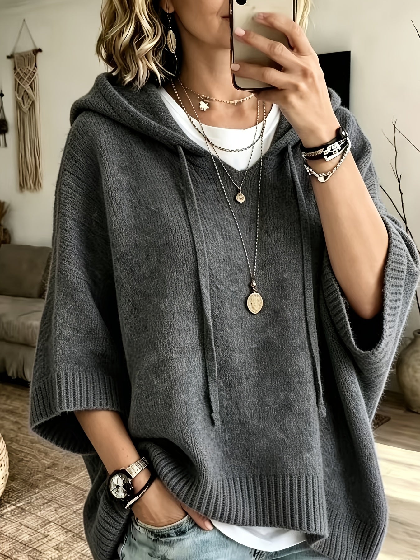 Vynora™ | Casual Drawstring Hooded Poncho Sweater