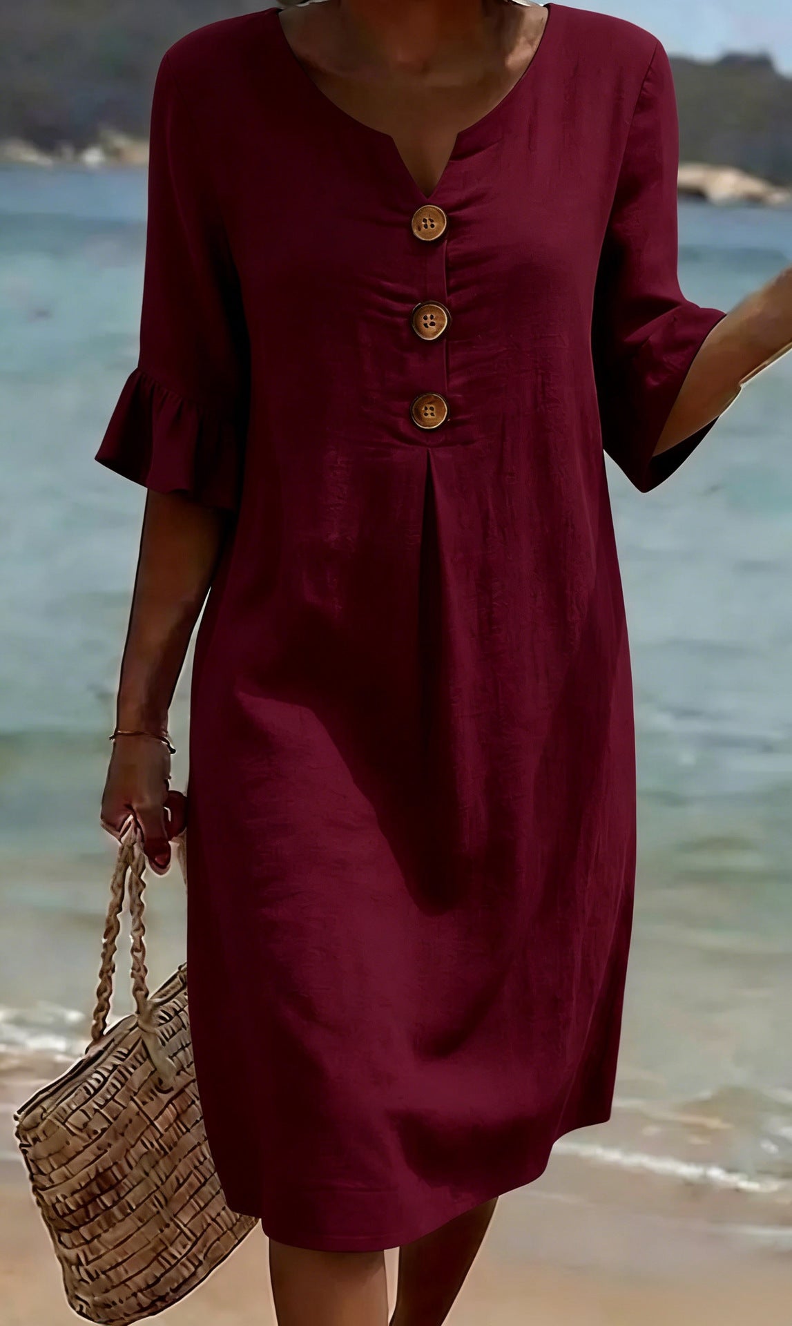 Claret™ | Casual V-Neck Button-Front Dress with Flared Sleeves