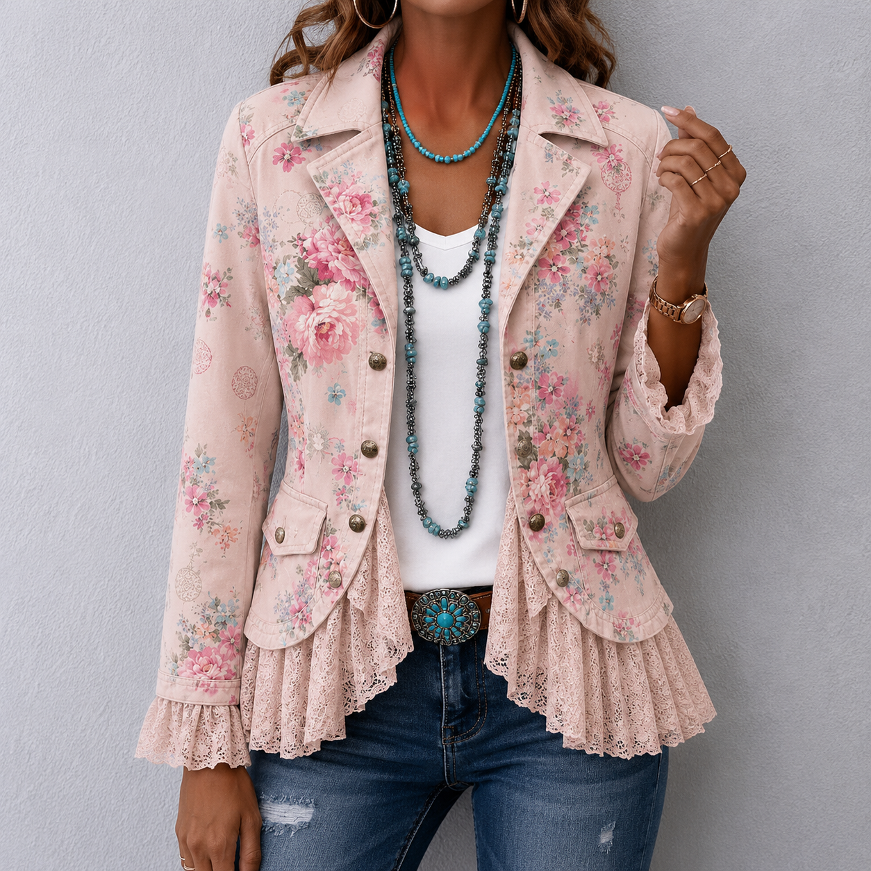 Evelina™ | Vintage Floral Print Lace Patch Jacket