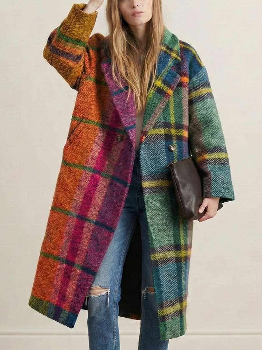 Trevaine™ | Loose Contrast Plaid Patchwork Lapel Long Coat