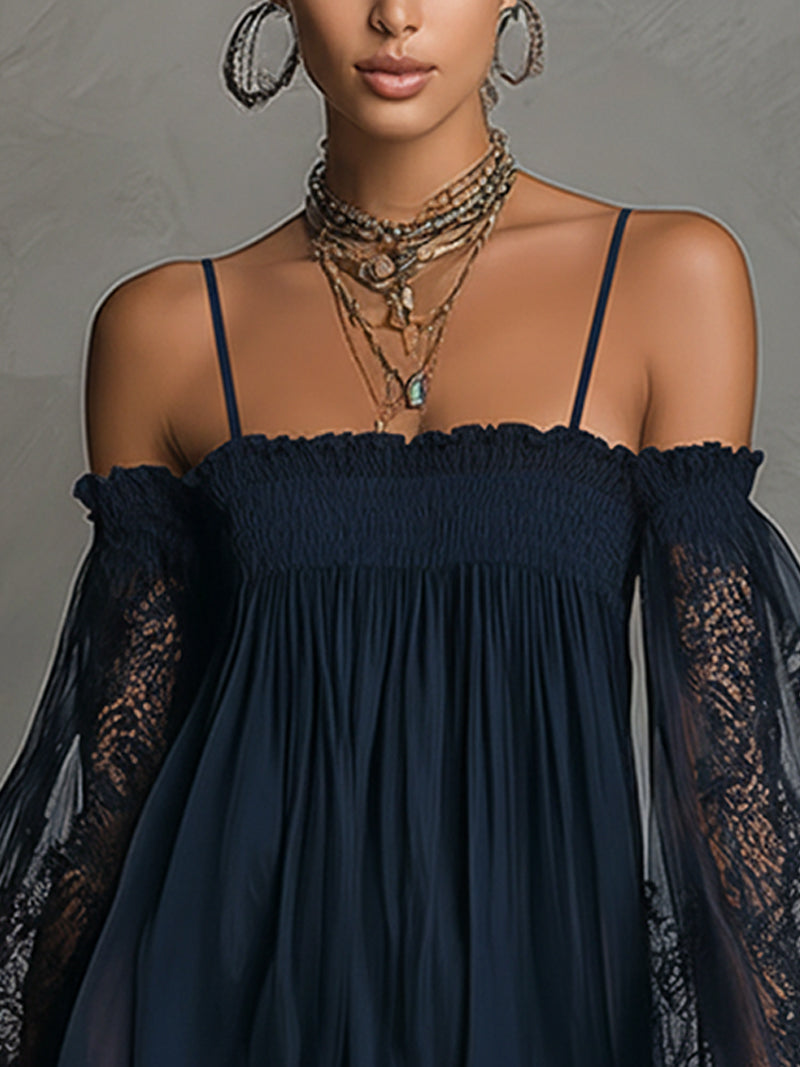 Louisa | Off-Shoulder Chiffon Dress with Lace Sleeves