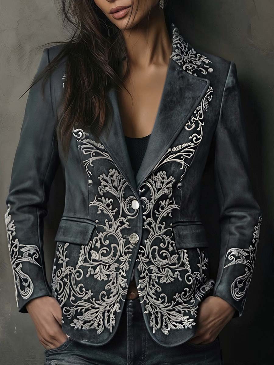 Paveline™ | Charcoal Taupe Embossed Floral Blazer