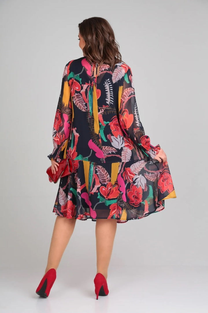 Helena™ | Bold Floral Print Long-Sleeve Midi Dress