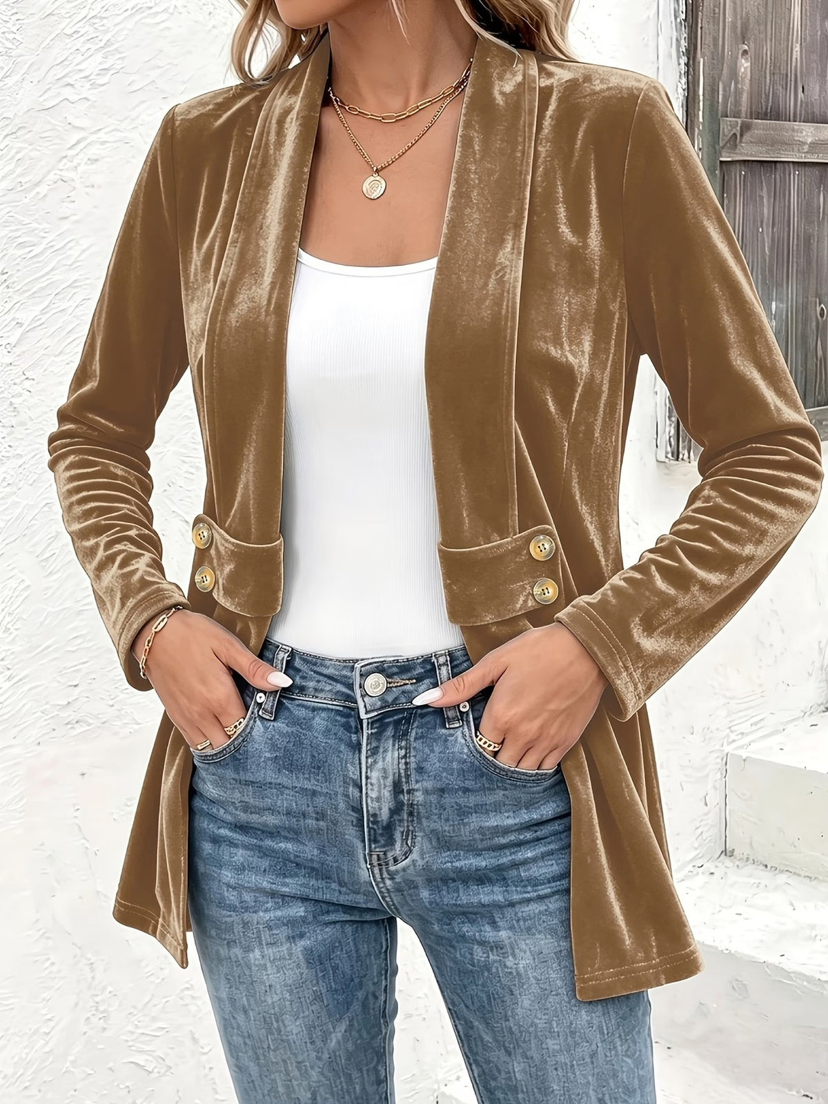 Sutton™ | Camel Velvet Button-Tab Cardigan