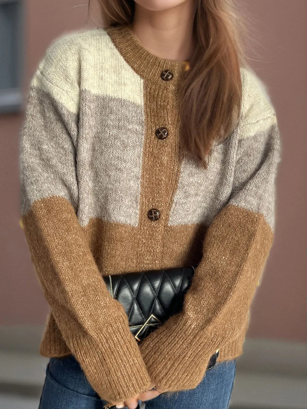 Elowyn™ | Color Block Round Neck Button-Up Cardigan