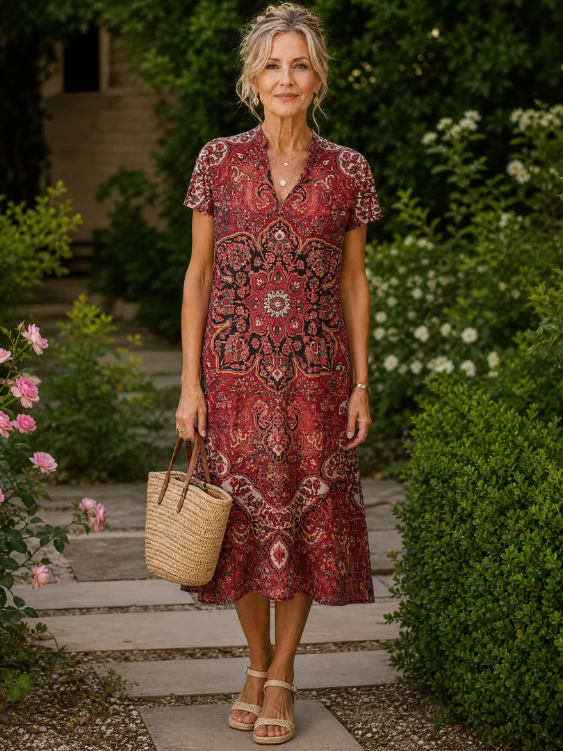 Rosemary™ | Floral V-Neck Short Sleeve Midi Dress