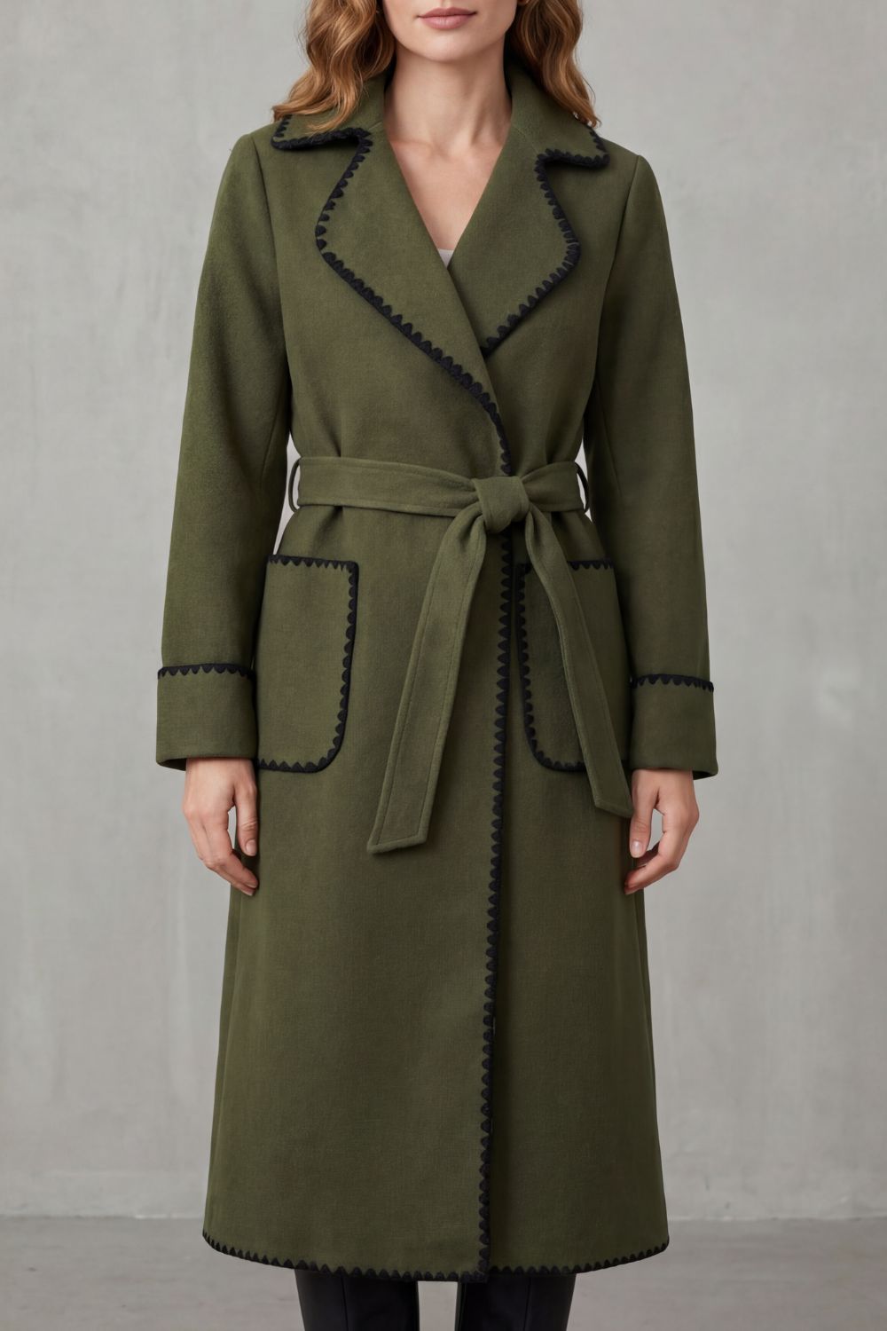 Women's Contrast Trim Longline Belted Coat