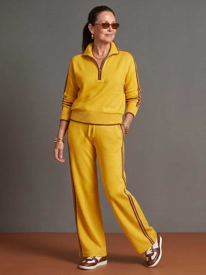 Everly™ | Zip Neck Long Sleeve Side Stripe Pants Set