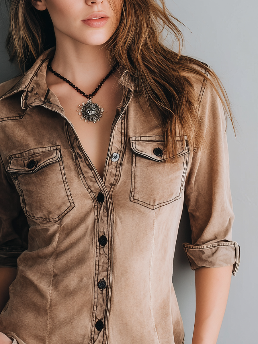 Pernette™ | Retro Washed Contrast Stitching Blouse