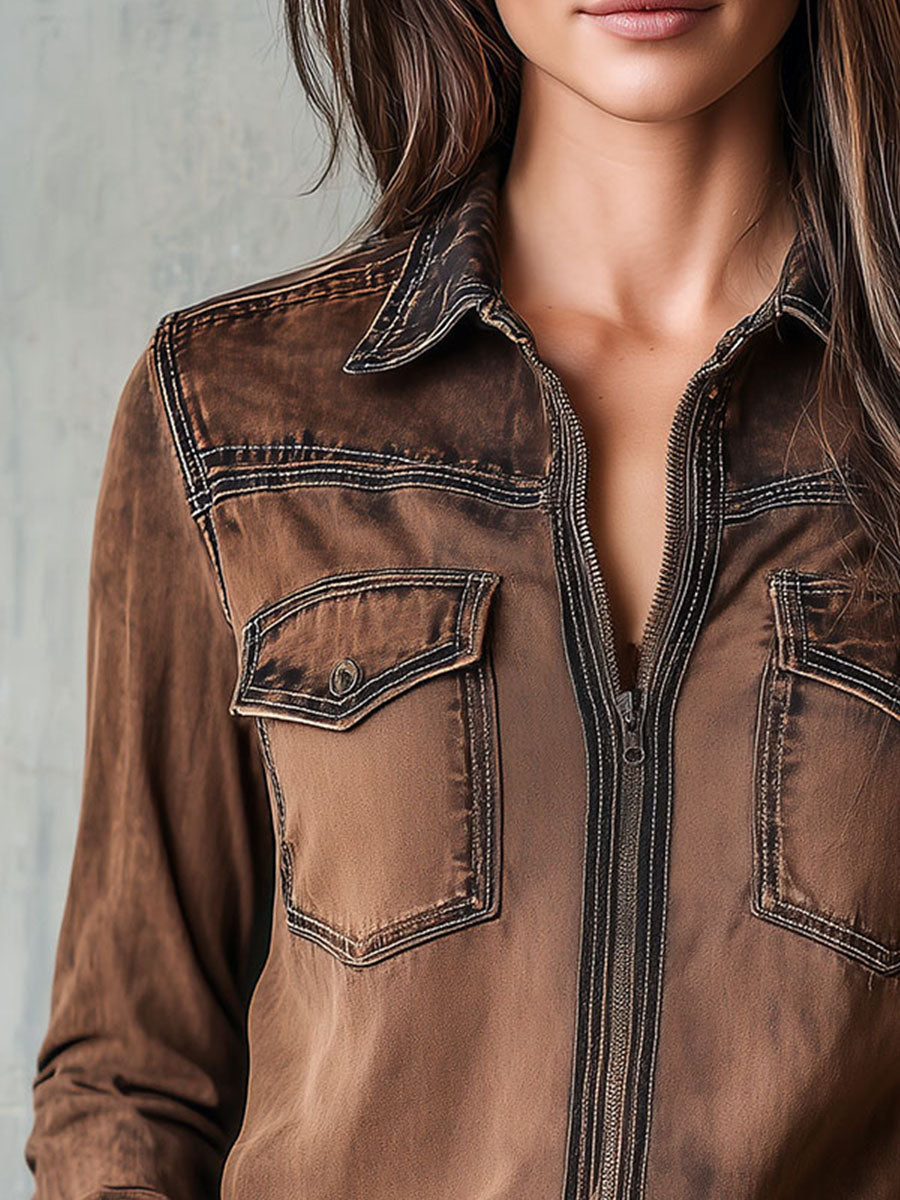 Hildra™ | Vintage Washed Contrast Stitching Utility Zip Shirt Jacket