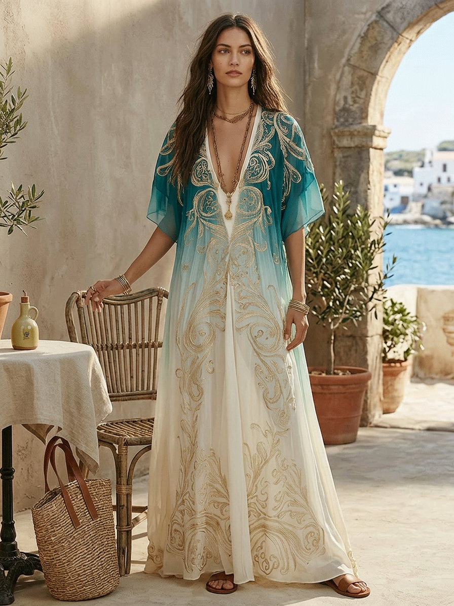 Leiara™ | Coastal Ombre Kaftan Maxi Dress
