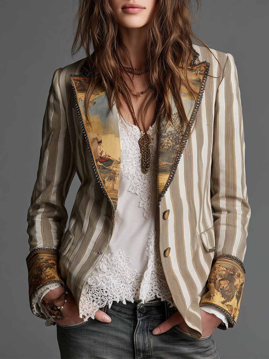 Valdine™ | Boho Striped Printed Lapel Blazer