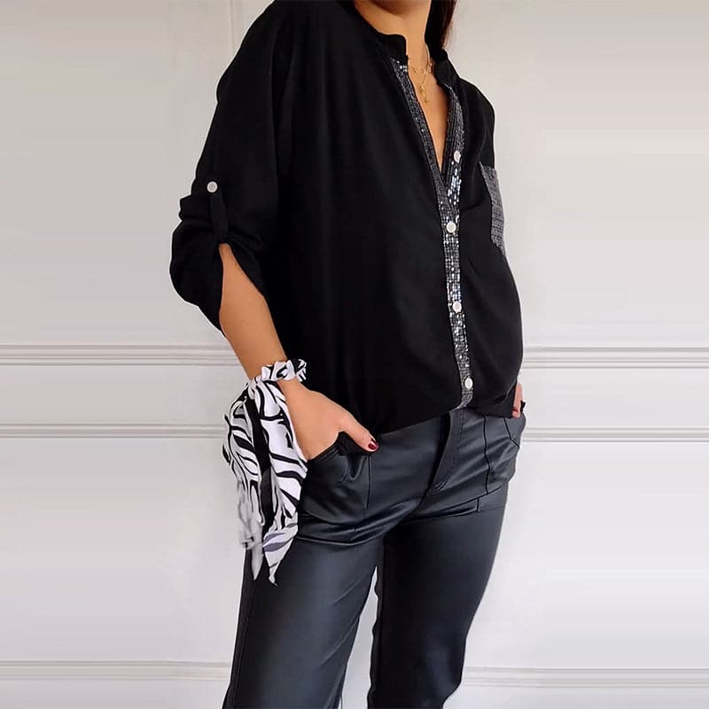 Lucette™ | Sequin Trim Button-Up Shirt