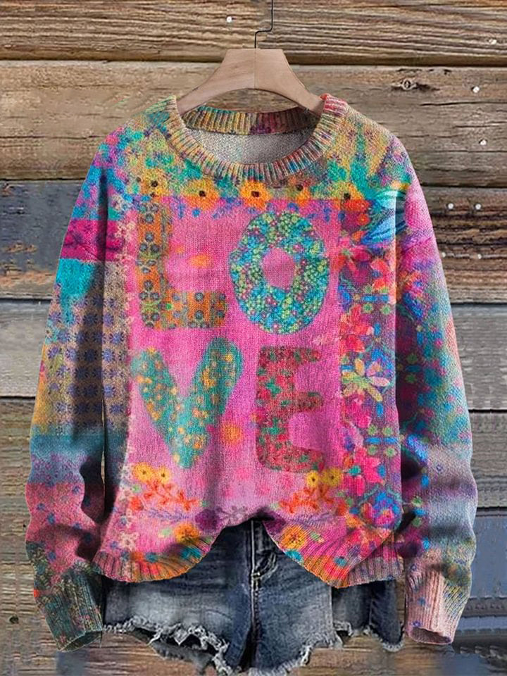 Jovara™ | Floral Patchwork Love Graphic Pullover Sweater