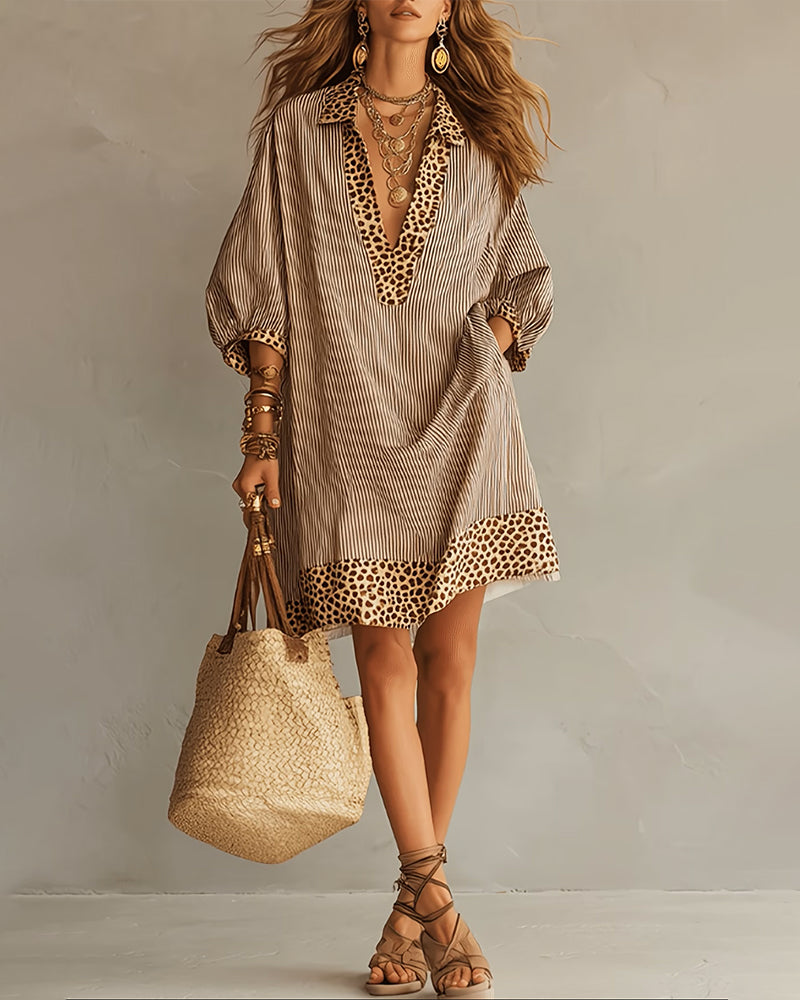 Roxana™ | Leopard Print Panel Puff Sleeve Striped Shirt Dress