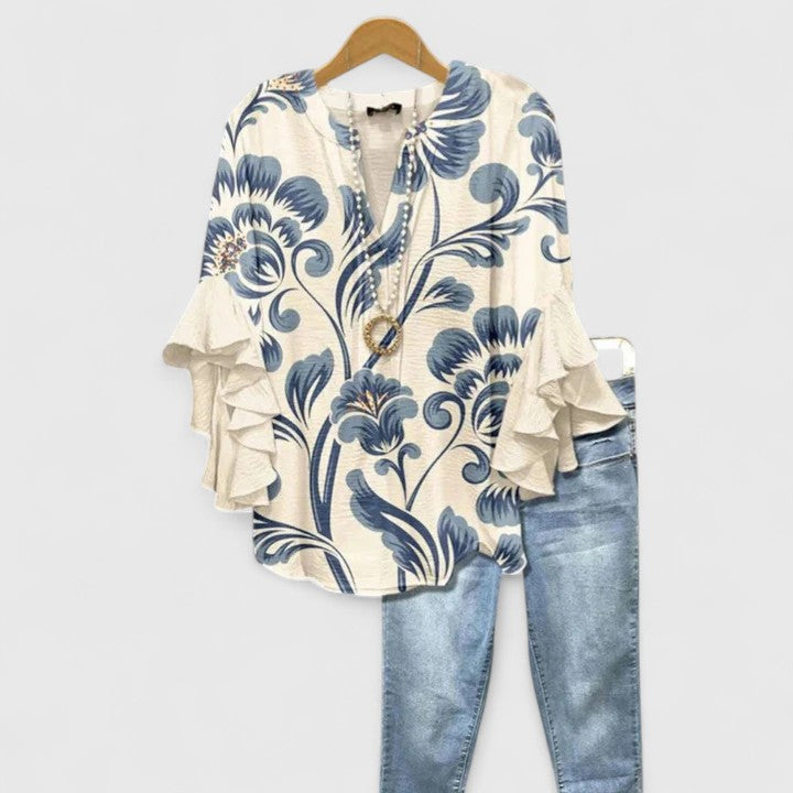 Roslyn™ | Elegant Ruffle Sleeve Floral Blouse