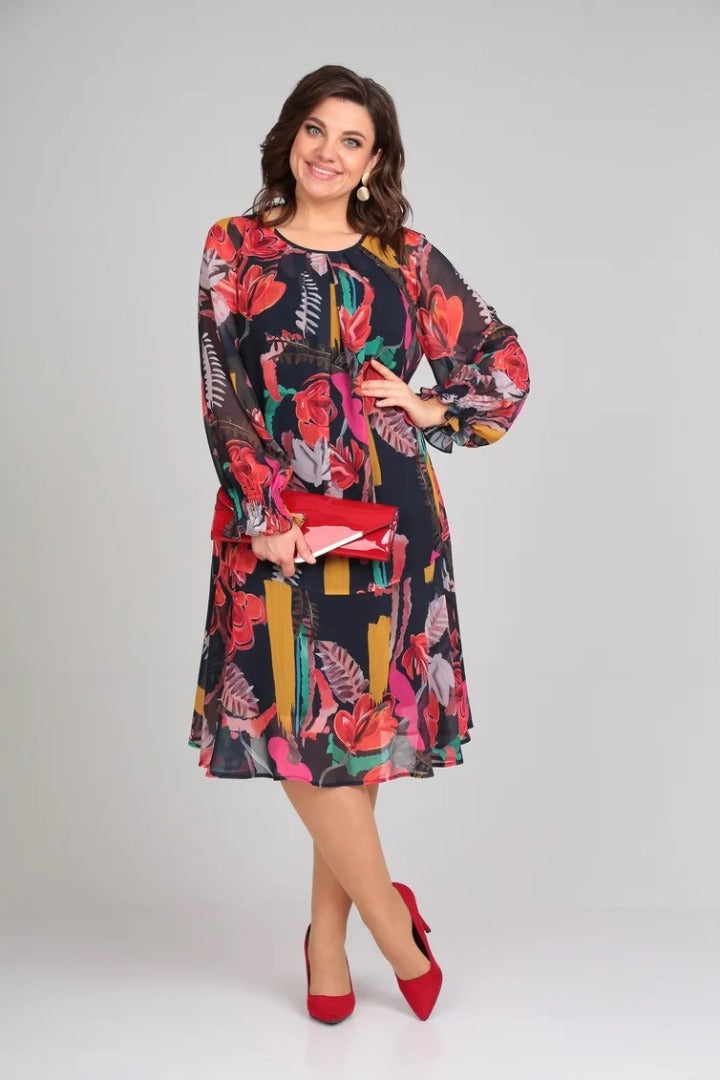 Helena™ | Bold Floral Print Long-Sleeve Midi Dress