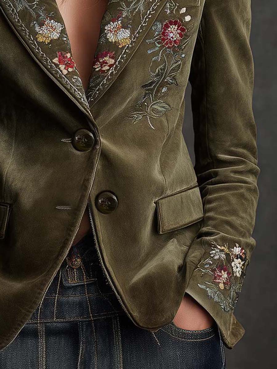 Edalvine™ | Olive Green Floral Embroidered Blazer