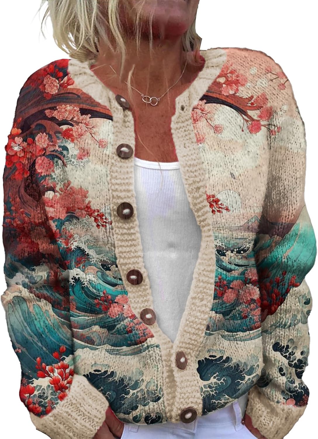 Kasumi™ | Japanese Wave & Cherry Blossom Print Cardigan