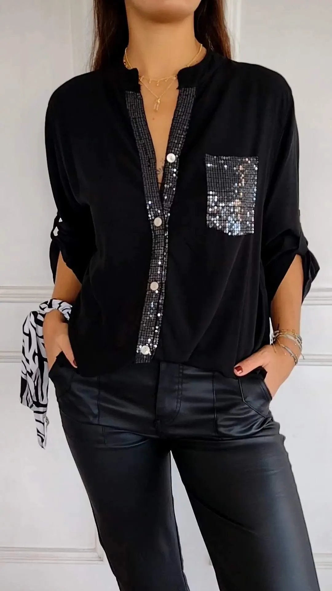 Lucette™ | Sequin Trim Button-Up Shirt