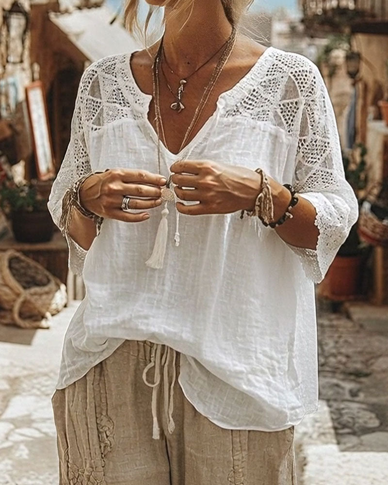 Corinne™ | V-Neck Blouse with Lace Detail