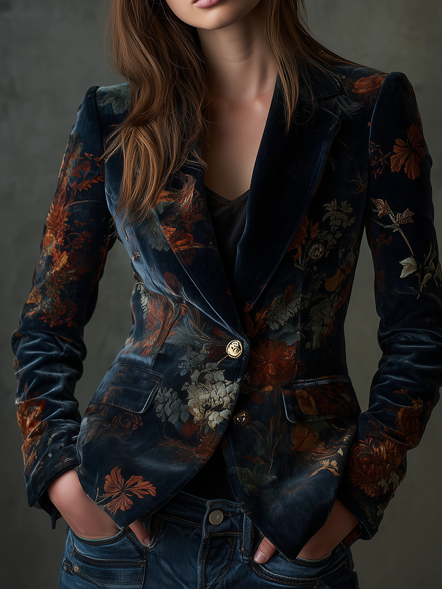 Paloma™ | Vintage Floral Print Metal Button Blazer