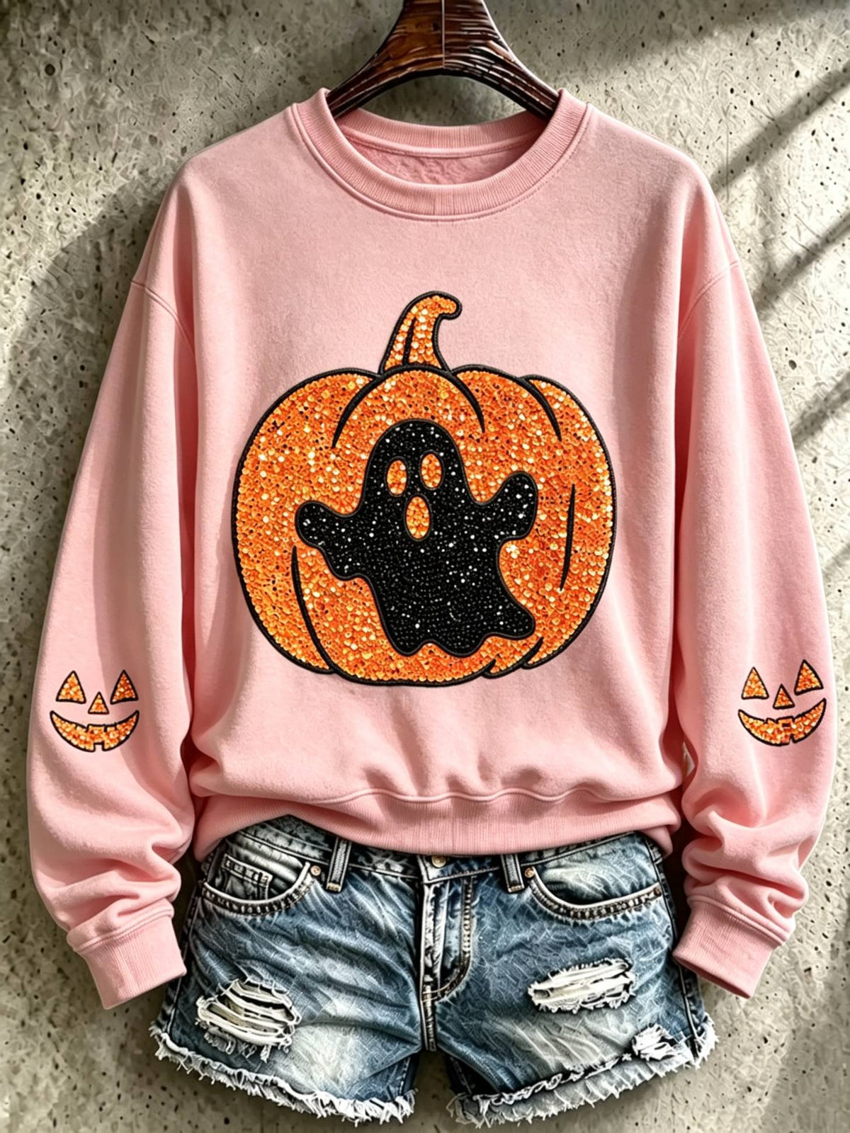 Women's Halloween Rhinestone Pumpkin Ghost Sweatshirt