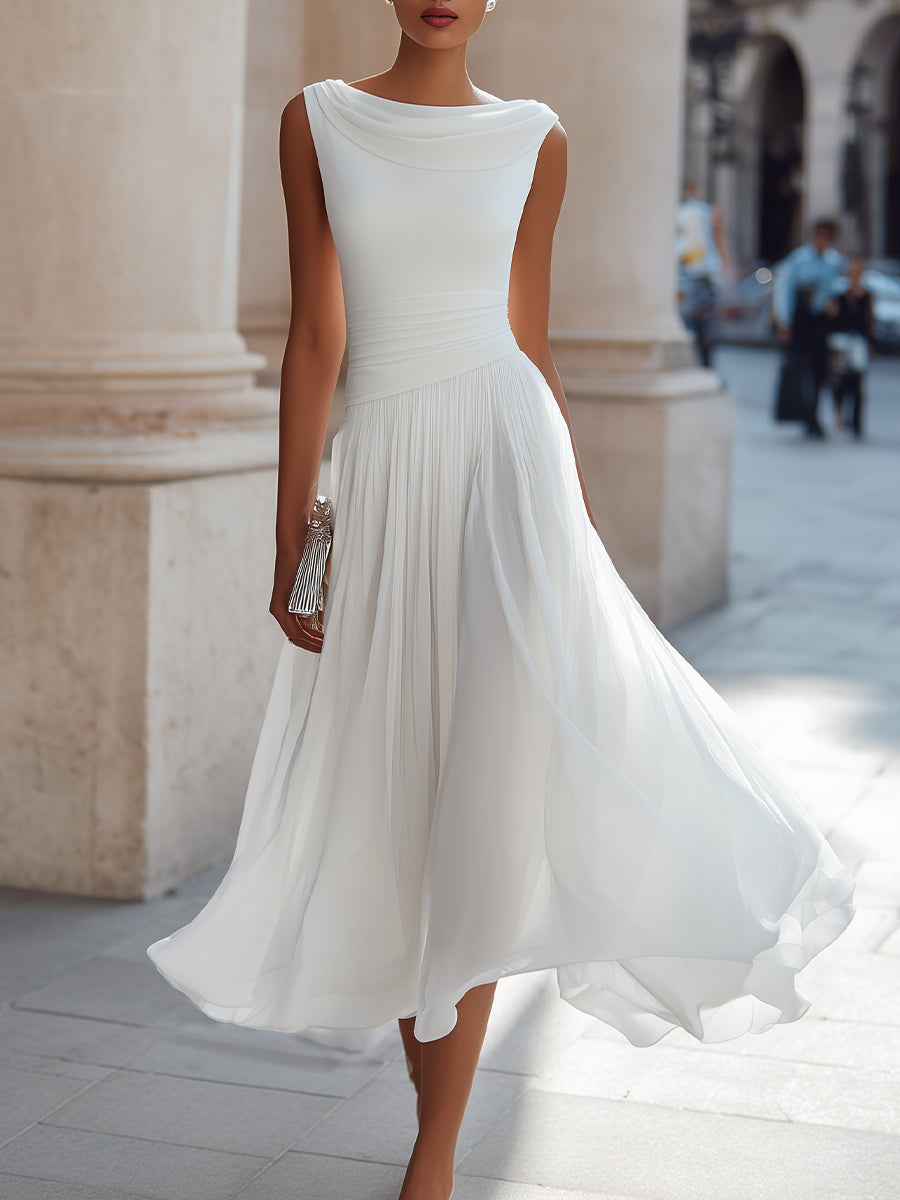 Kathleen™ | Draped Neckline Pleated Sleeveless Midi Dress