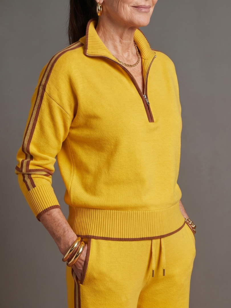 Everly™ | Zip Neck Long Sleeve Side Stripe Pants Set