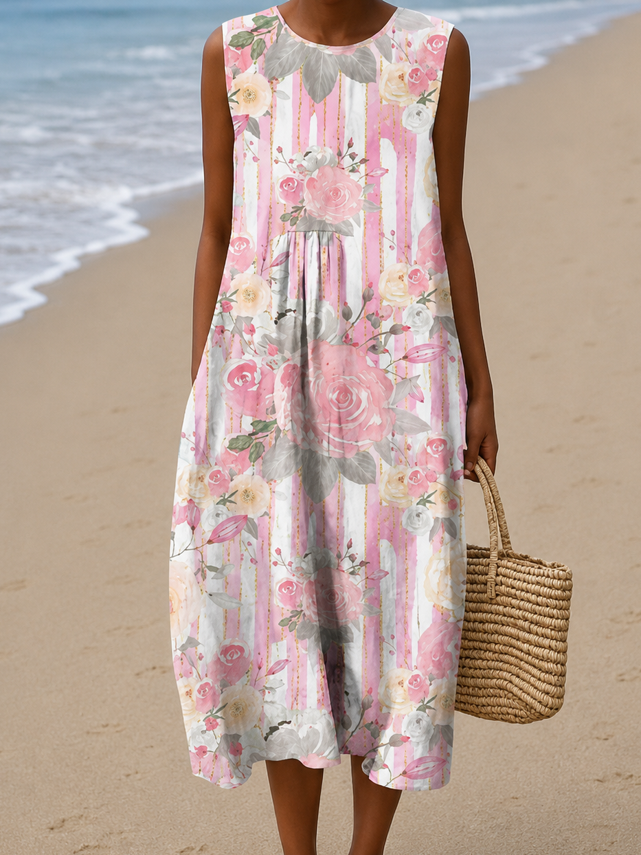 Rosabel™ | Sleeveless Midi Beach Dress with Floral Stripe Print