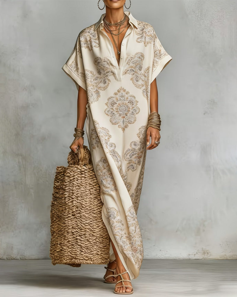 Celestia™ | Printed Collar Button Maxi Shirt Dress