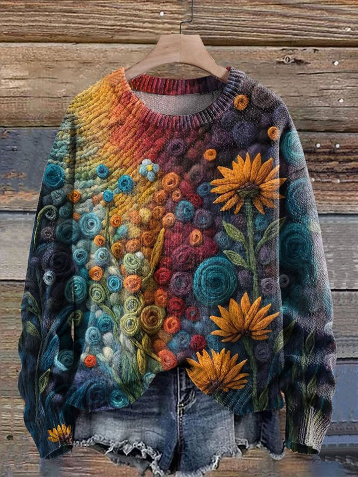 Blossomvine™ | Retro Rainbow Sunflower Pattern Print Pullover Sweater