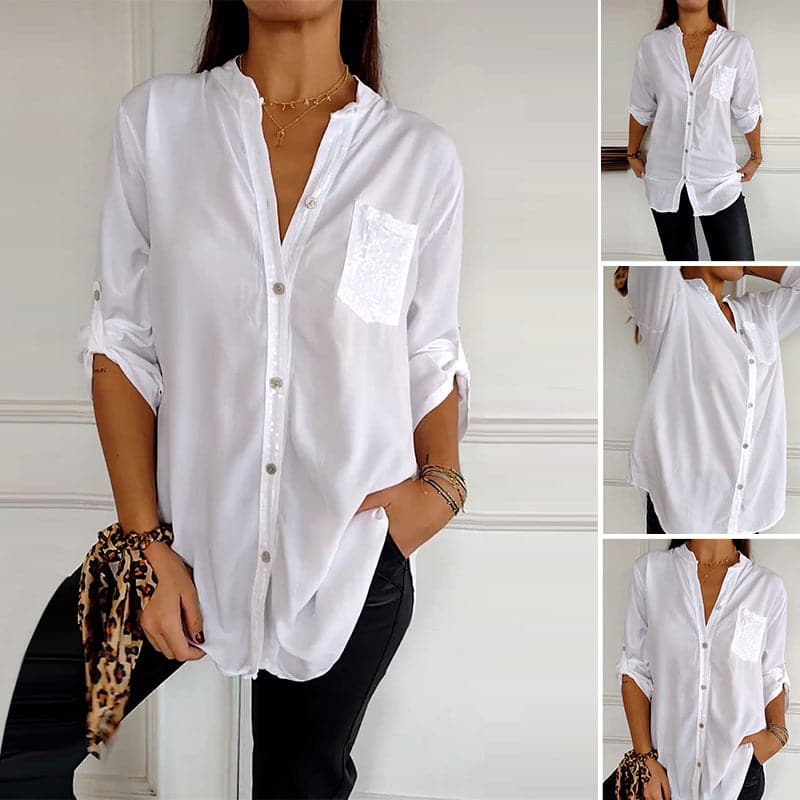 Lucette™ | Sequin Trim Button-Up Shirt