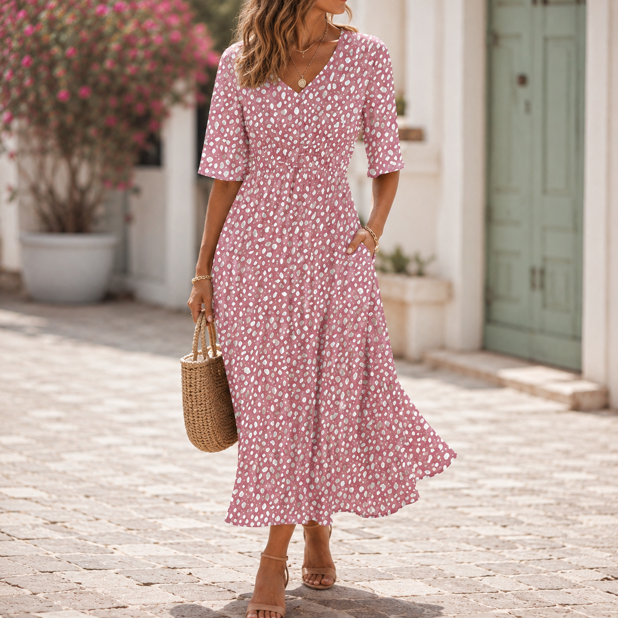Adeline™ | Elegant Midi Dress with Tummy Concealing Design