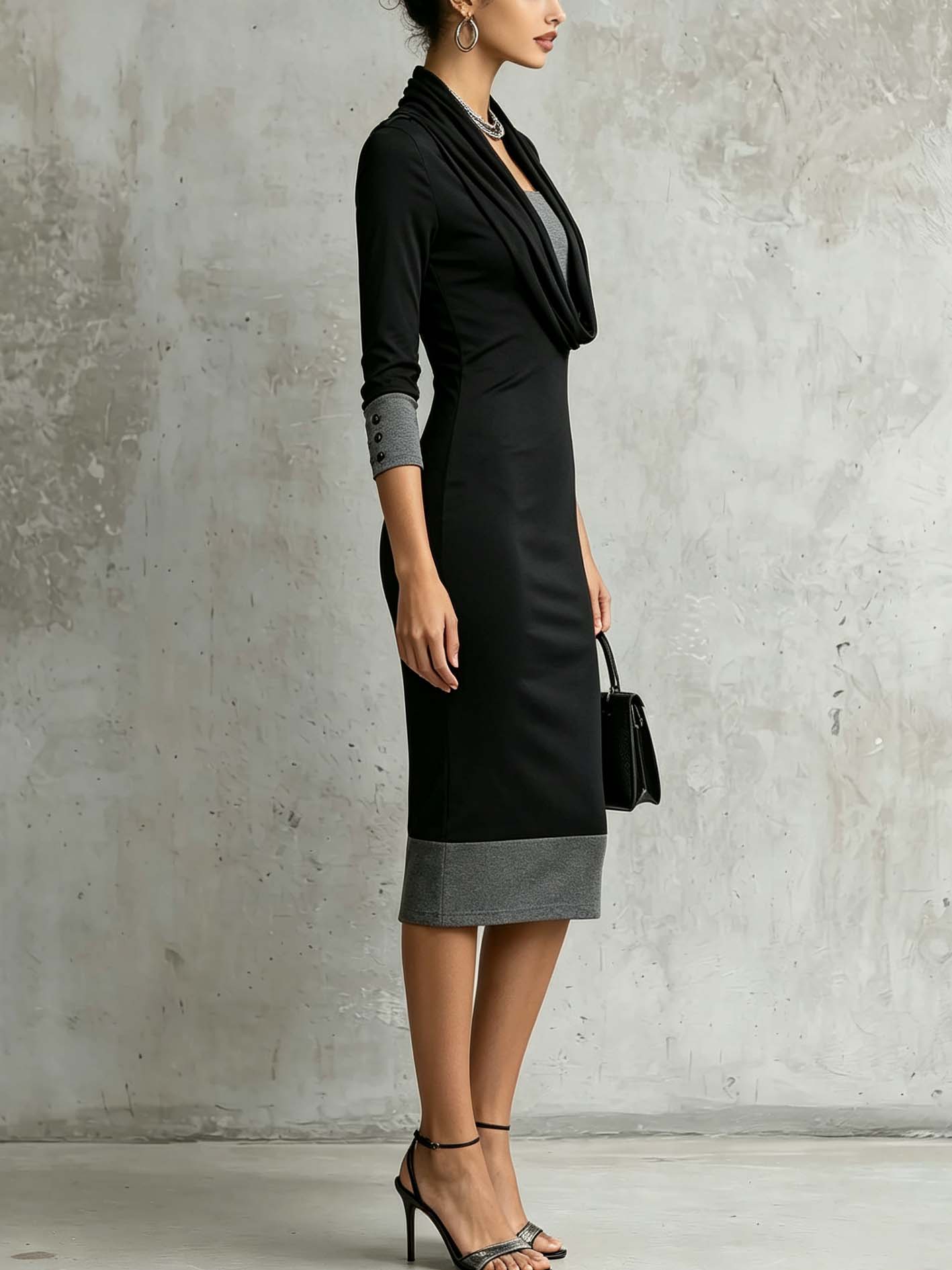 Fablette™ | Two-Tone Draped Neck Bodycon Midi Dress