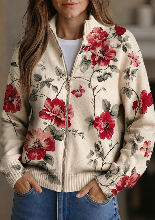 Wilhelmine™ | Vintage Rose Print Zip Cardigan