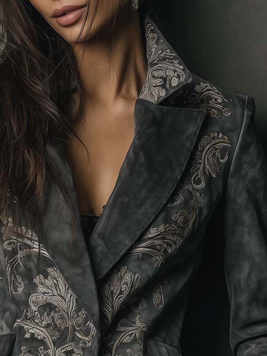 Paveline™ | Charcoal Taupe Embossed Floral Blazer