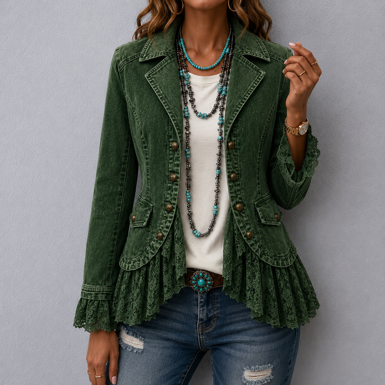 Harlowe™ | Solid Collar Lace Ruffle Hem Jacket