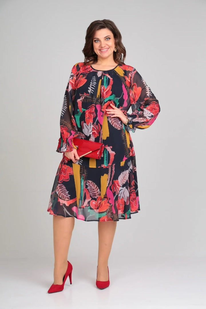 Helena™ | Bold Floral Print Long-Sleeve Midi Dress