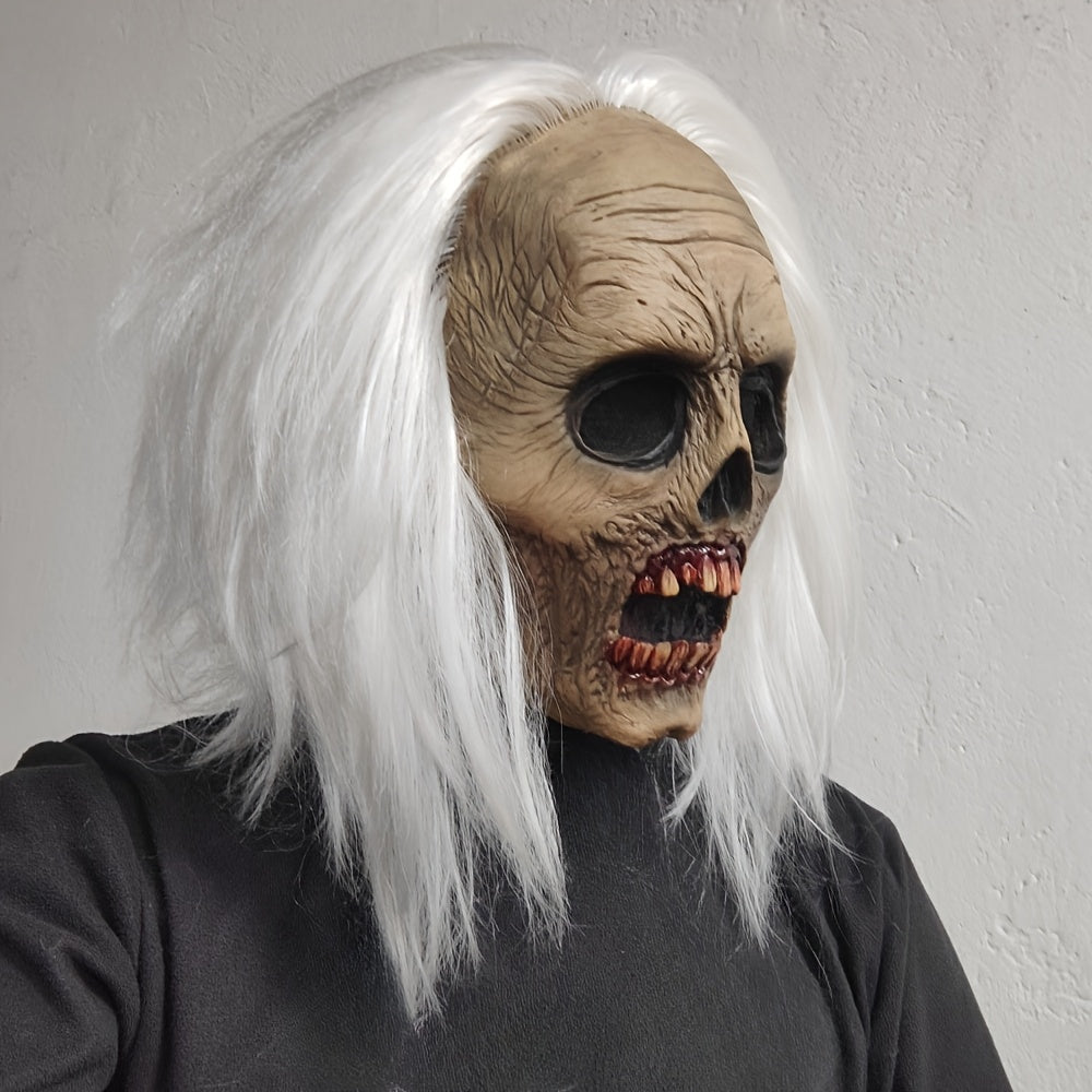 Women's Halloween White-Haired Skull Mask