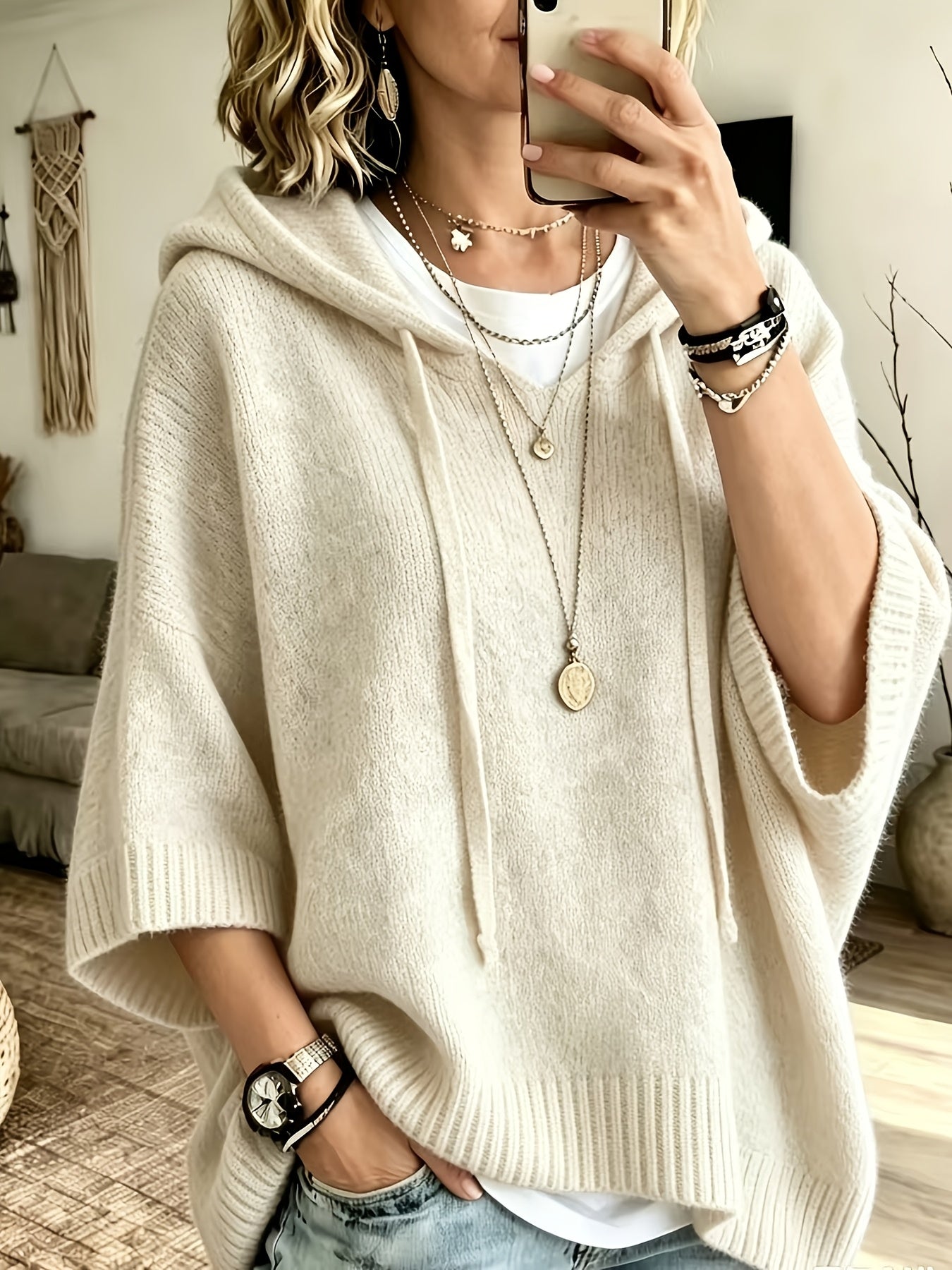 Vynora™ | Casual Drawstring Hooded Poncho Sweater