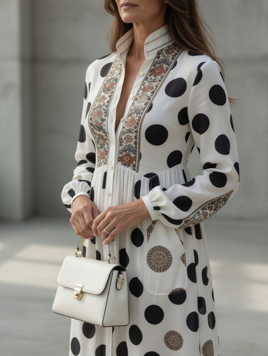 Tatiana™ | Polka Dot Ornate Trim Button-Front Maxi Dress