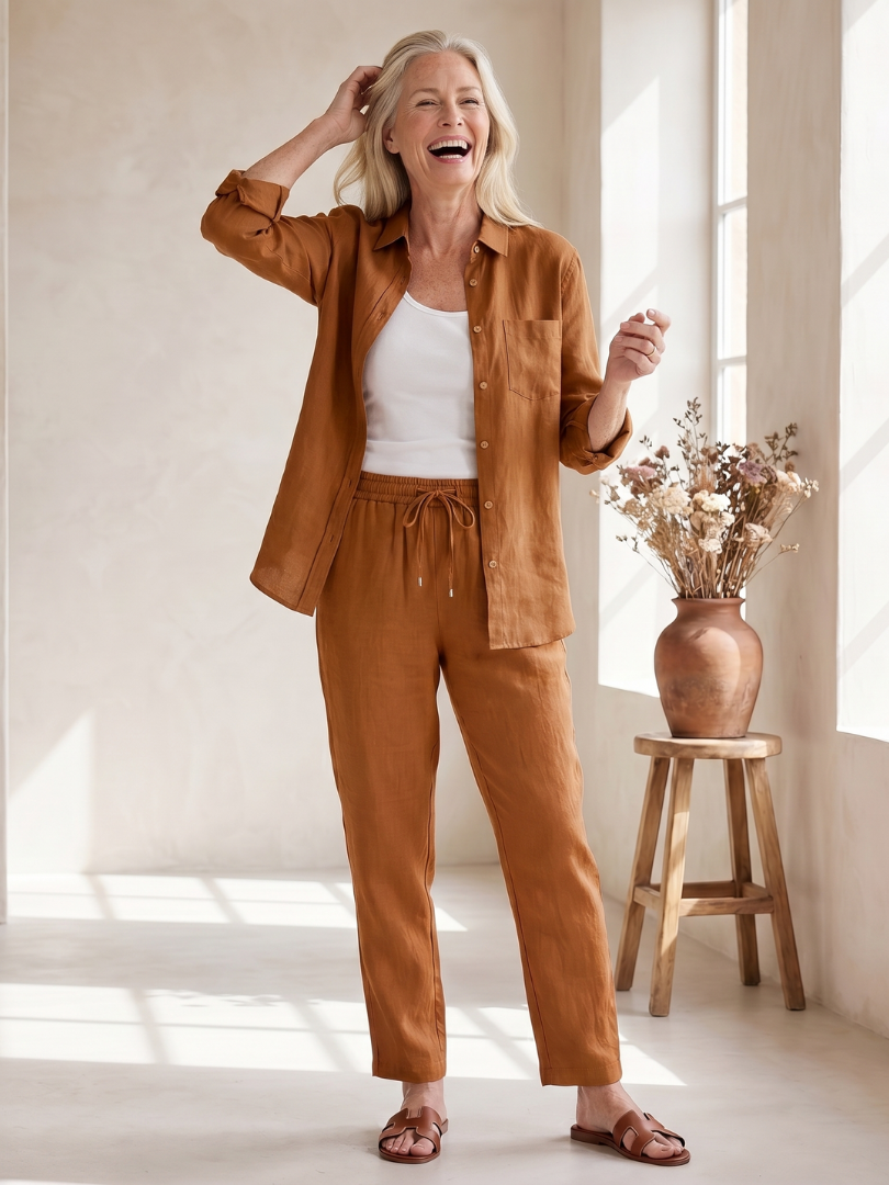Katarina™ | Long Sleeve Button-Front Shirt & Tapered Pants Set