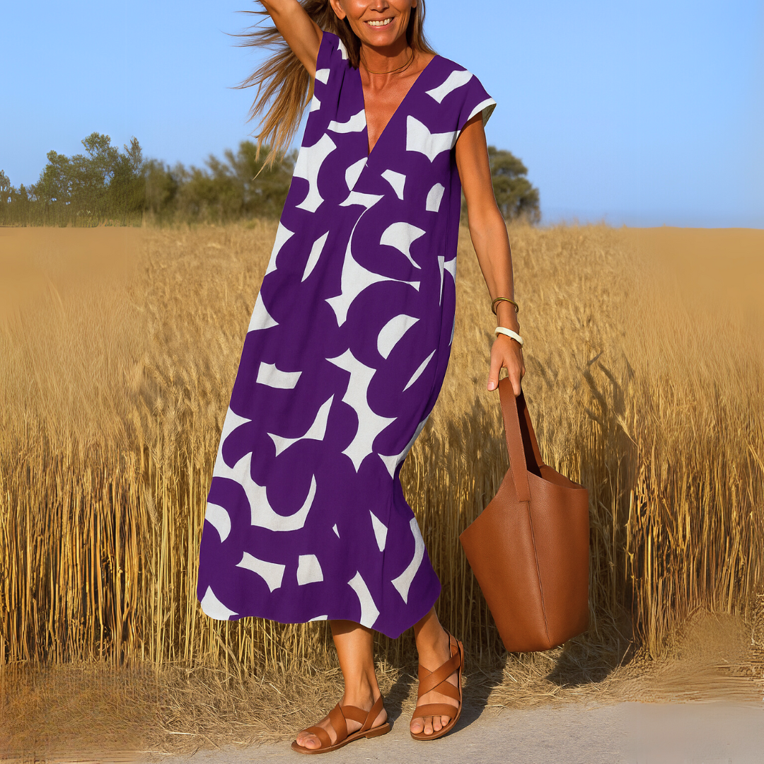 Marceline™ | Abstract Print V-Neck Maxi Dress