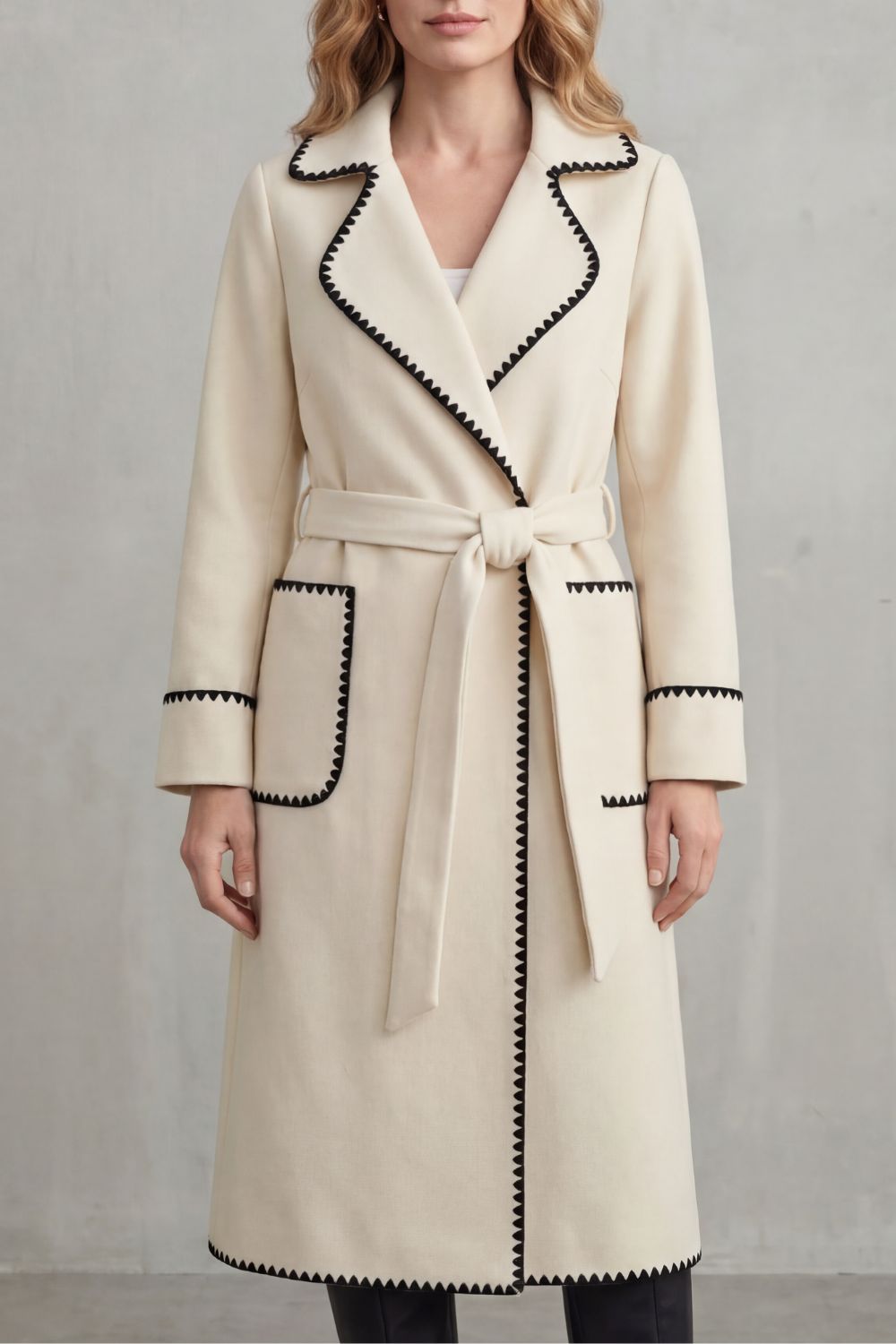 Women's Contrast Trim Longline Belted Coat