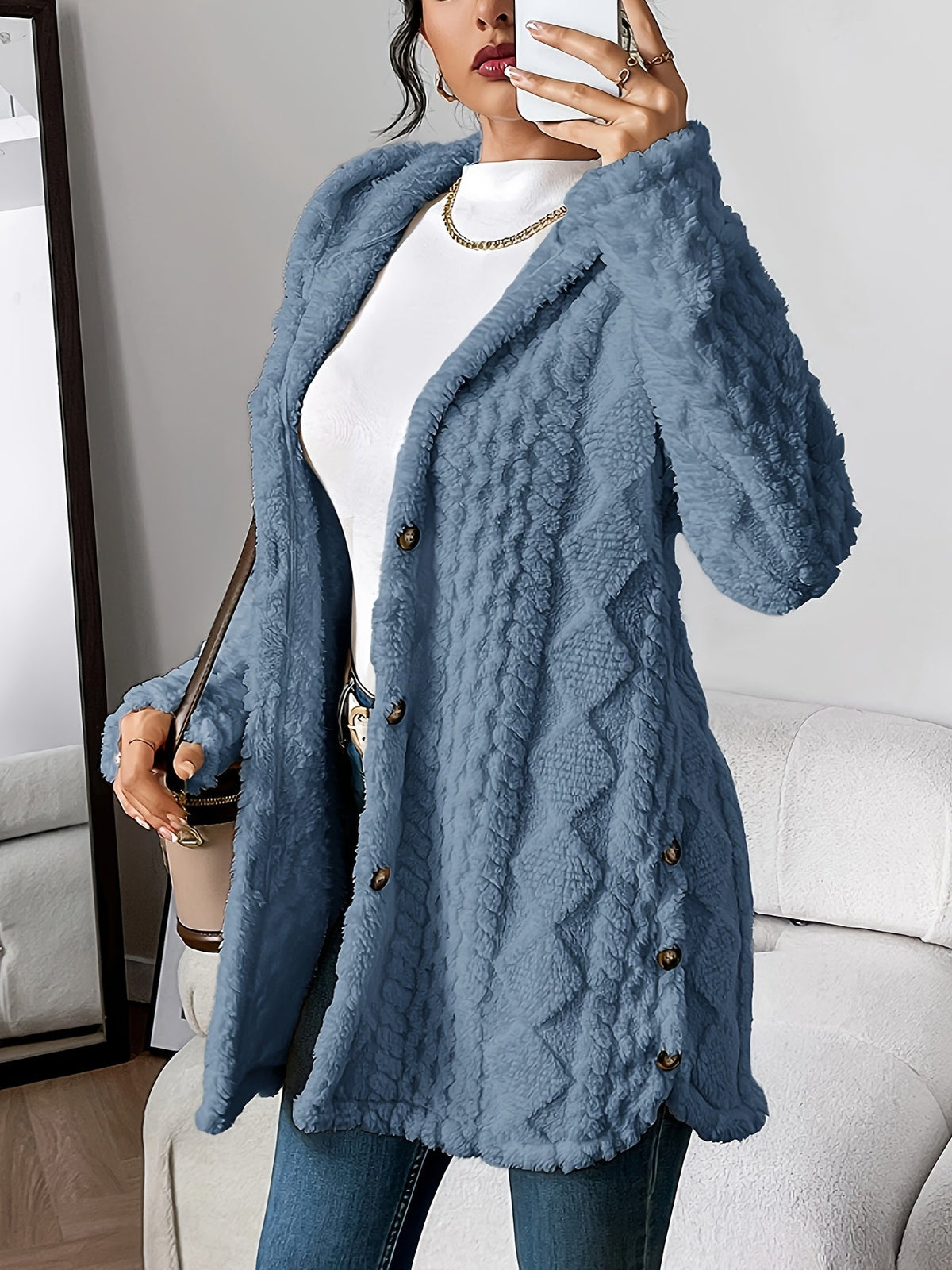 Women's Coat with Hood and Button Closure