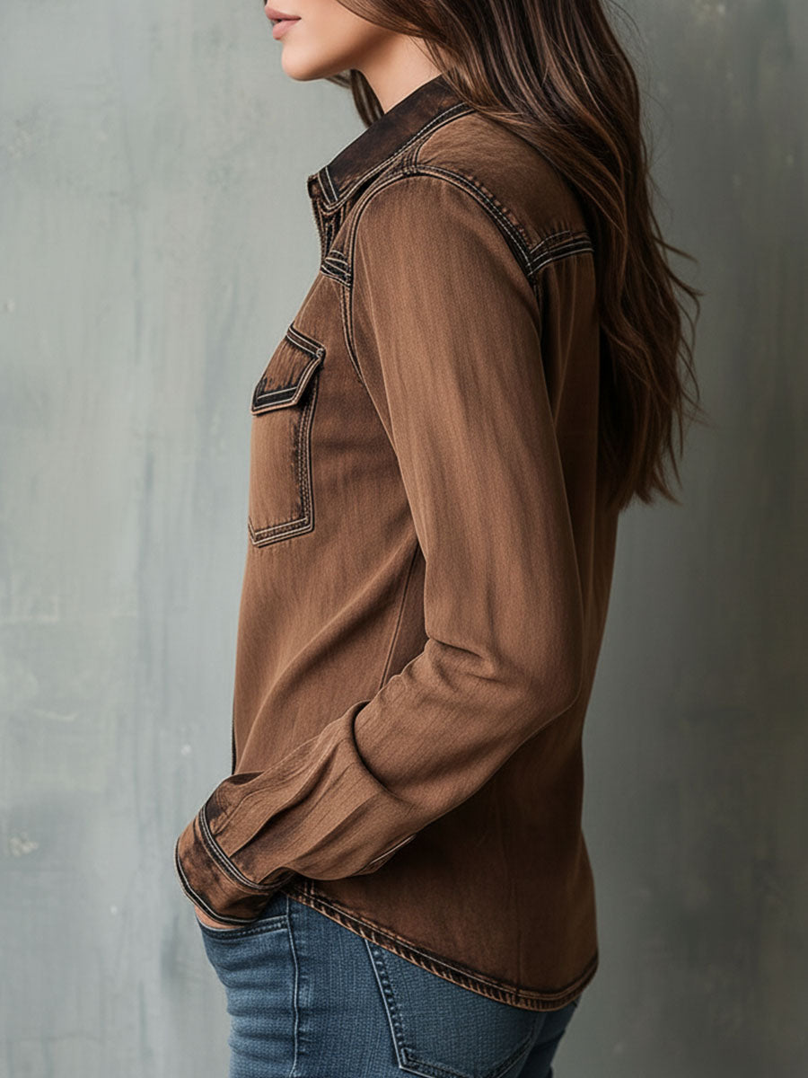 Hildra™ | Vintage Washed Contrast Stitching Utility Zip Shirt Jacket
